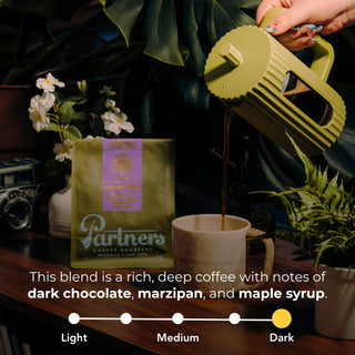 Person pours coffee from a light olive kettle into a mug with a Partners Manhattan bag on a wooden table