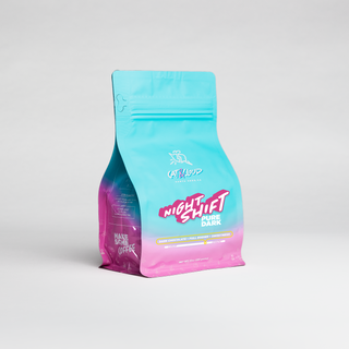 Night Shift coffee bag by Cat & Cloud in turquoise to pink gradient standing upright