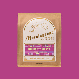 Morningsong Coffee Roasters Nolberto Olaya Chiroso Colombia whole bean bag on pink background