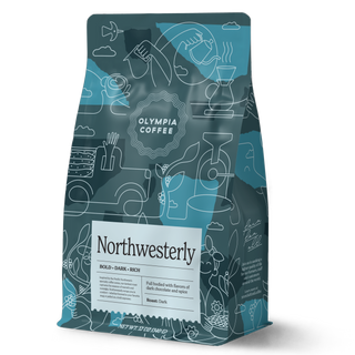Northwesterly coffee bag featuring bold dark roast styling and teal abstract line drawings