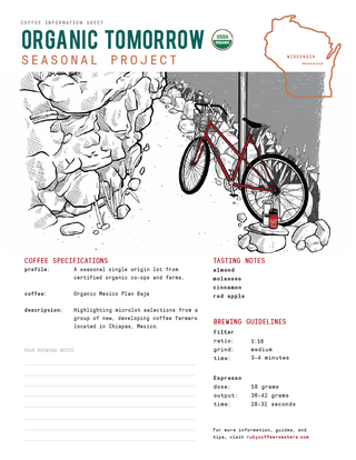 Front of Organic Tomorrow Seasonal Project label featuring a bicycle illustration and USDA Organic seal