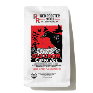 Organic Old Crow Cuppa Joe coffee bag with Red Rooster branding and bold red Old Crow artwork