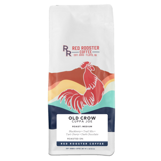 Organic Old Crow Cuppa Joe coffee bag with colorful rooster illustration and roast label
