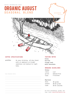 Packaging for Organic August Seasonal Blend coffee featuring an orange Wisconsin outline and a hand drawn canoe on a river.