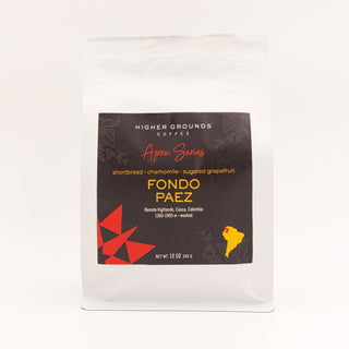 Apex Series Fondo Paez coffee bag with an orange label and a Colombia map graphic
