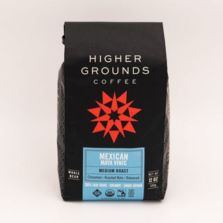 Mexican Maya Vinic coffee bag by Higher Grounds with bold white logo on black packaging