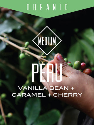 Hand selecting coffee cherries on a Peru organic farm with a MEDIUM roast badge and ORGANIC banner
