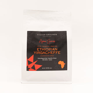 Apex Series Ethiopian Yirgacheffe coffee bag by Higher Grounds Coffee with white resealable top and dark label featuring orange Apex Series text and Ethiopia motif