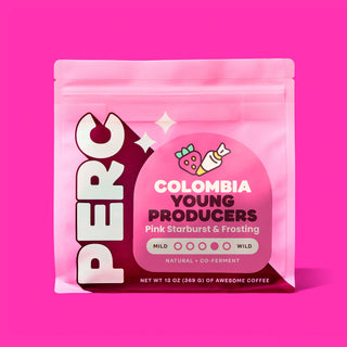 Colombia Young Producers coffee bag with pink packaging and whimsical illustrations