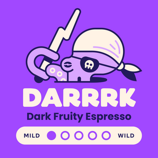 DARRRK Dark Fruity Espresso coffee bag featuring playful cartoon art on a purple backdrop