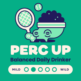 PERC UP coffee bag art on green background showing a cup with foam and a tennis racket motif and Balanced Daily Drinker label