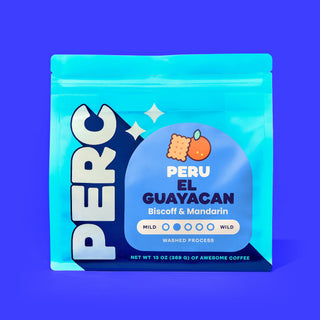 Peru El Guayacan coffee bag with bright blue packaging and playful graphics
