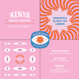 Packaging collage showing Mbegu Ndogo Kenya Whole Bean on pink panel and Pineapple Black Tea Lemon label on patterned panel