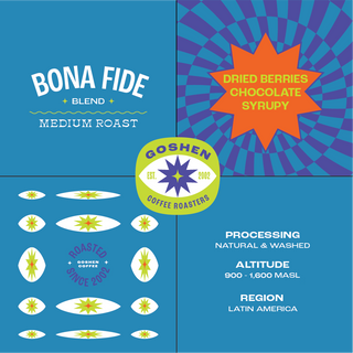 Bona Fide Blend coffee packaging collage with bold blue panels and the Goshen logo.