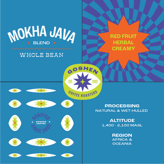 Blue Mokha Java whole bean packaging with red fruit herbal creamy label and Goshen Roasters badge.