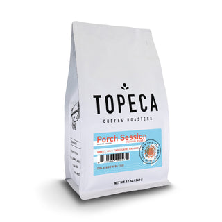 Porch Session Blend coffee bag with bright blue label and large Porch Session text