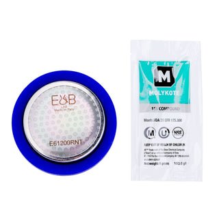 Close up of an E61 group head maintenance kit showing a blue gasket and Molykote lubricant packet