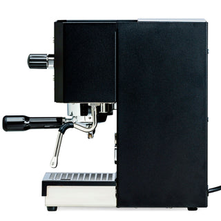 Side view of Profitec GO espresso machine with portafilter attached on the left and a black matte body