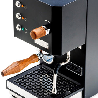 Profitec GO espresso machine front panel with wooden portafilter in black finish