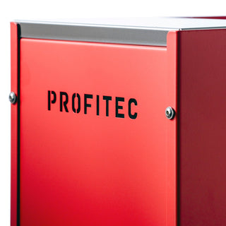 Red Profitec GO espresso machine side panel with branding visible.