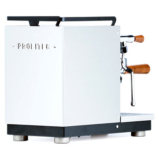 Left side view of Profitec JUMP espresso machine with brushed stainless panel and PROFITEC branding