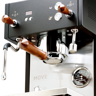 Close-up of Profitec MOVE front panel with wooden lever handles a small display and a pressure gauge