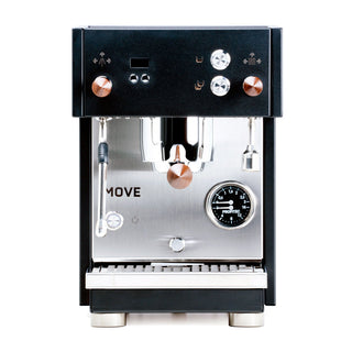 Close up of Profitec MOVE front panel showing copper knob, two metal dials, and a small display
