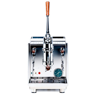 Front view of Profitec Pro 800 lever espresso machine with tall wooden lever and chrome body.
