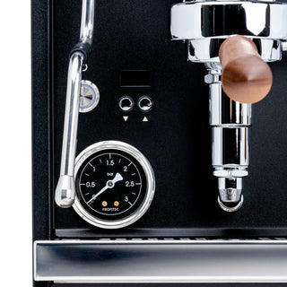 Close up of the Profitec RIDE pressure gauge and surrounding chrome hardware on the front panel