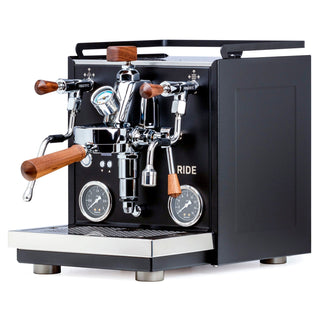 Profitec RIDE espresso machine front with dual group heads chrome portafilters wood handles and gauges (Matte Black)