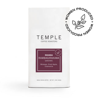 Rwanda Rambagirakawa coffee bag with a purple label and white border displaying RWANDA RAMBAGIRAKAWA GAKENKE