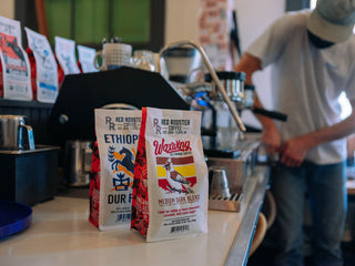 Waxwing All-Purpose Blend bags on a cafe counter with a barista at work in the background.