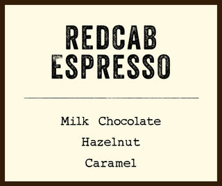 Cream label for Redcab Espresso showing Milk Chocolate Hazelnut Caramel flavor notes