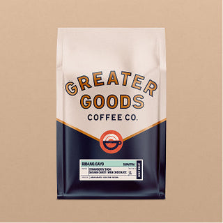 Ribang Gayo natural coffee bag from Greater Goods Roasting Co with cream upper panel and navy lower panel