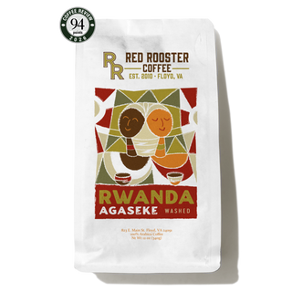 Rwanda Agaseke Washed coffee bag with a bright geometric illustration and a 94 points sticker