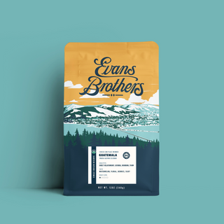Guatemala Maria Escobar coffee bag with bold mountains graphic on yellow packaging
