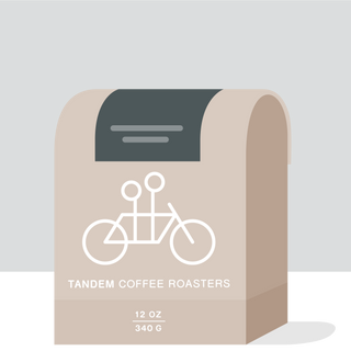 Abstract tan and teal Tandem Coffee Roasters bag illustration with a bicycle motif and 12 oz 340 g label