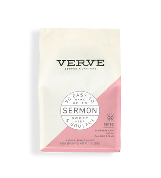 Sermon Espresso coffee bag with cream body and pink diagonal panel Verve branding.