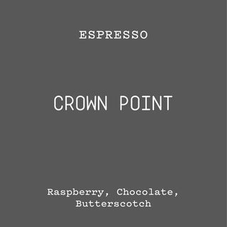 Crown Point espresso three component blend cover art displaying Raspberry Chocolate Butterscotch on a gray background
