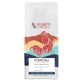 White coffee bag featuring Red Rooster Coffee branding with a colorful rooster illustration and Starr Hill Stout Blend label