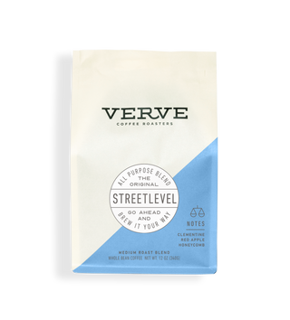Verve Streetlevel coffee bag with cream body blue diagonal panel and a round Streetlevel label