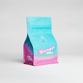 Cat & Cloud The Answer coffee bag with turquoise pink artwork on a teal chair against a pale gray backdrop.