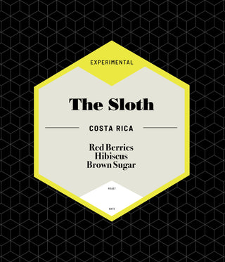 The Sloth Costa Rica coffee bag with experimental label and bright cube logo on a black geometric backdrop