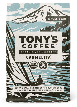Carmelita whole bean coffee bag with mountain illustration and Tony's Coffee branding