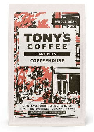 Tony's Coffee dark roast Coffeehouse label with Whole Bean sign and cafe scene
