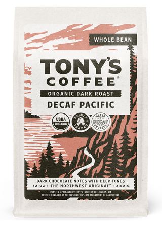 Tony's Coffee Decaf Pacific bag featuring organic dark roast label and mountain scene
