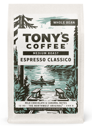 Tony's Coffee Espresso Classico medium roast bag label showing a lakeside scene with a canoe.