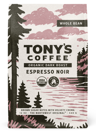 Tony's Coffee Espresso Noir bag featuring a coastal lighthouse illustration and Organic Dark Roast label