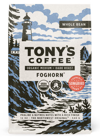 Tony's Coffee Foghorn bag formerly Songbird with lighthouse scene and praline nutmeg notes