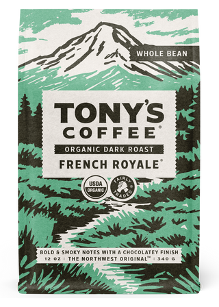 French Royale organic dark roast coffee bag with mountain illustration and Tony's Coffee branding